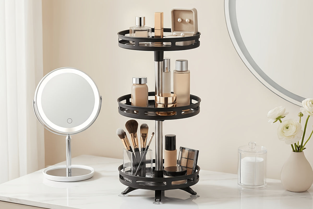 3-Tier Rotating Spice Rack – Metal Turntable Countertop Spice Jar Organizer for Kitchen, Seasoning Storage Rack, Sleek Black Finish