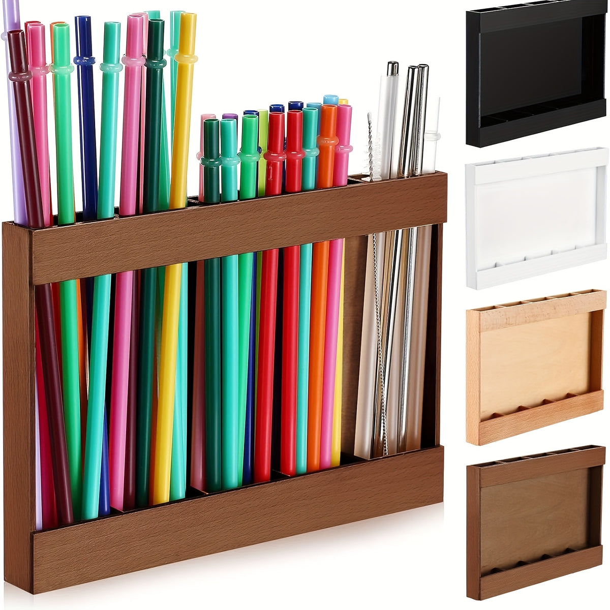 Wooden Straw Holder for Cabinet Door, Adhesive Tumbler Straw Organizer for Kitchen Counter & Cupboard, Acacia Wood Straw Dispenser Storage Container, Housewarming & Holiday Gift