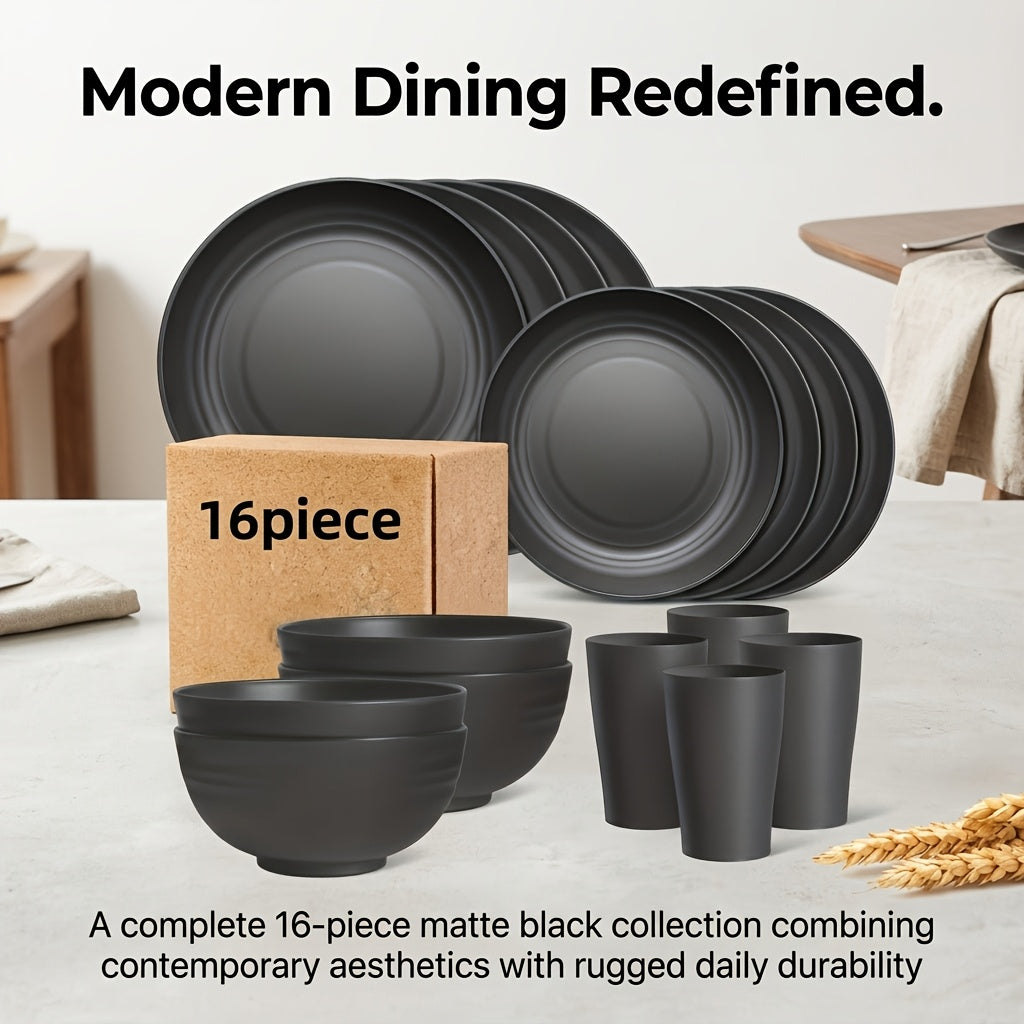 16/32-Piece Wheat Straw Dinnerware Set – Microwave & Dishwasher Safe Plates, Bowls & Cups – Lightweight Unbreakable Tableware for Family Gatherings, Birthday Parties & Camping