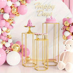 3-Piece Gold Hexagon Cake Stand Set – Metal Cylinder Pedestal Stands for Wedding, Party, Flower Vase & Living Room Decor