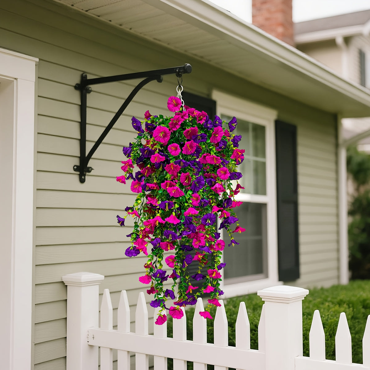 Morning Glory Artificial Hanging Flowers 3pcs with Persian Grass & Eucalyptus – UV-Resistant Faux Floral Bundle in Mix & Fuchsia, Outdoor Home Office Garden Decor, Mother’s Day & Thanksgiving Gift
