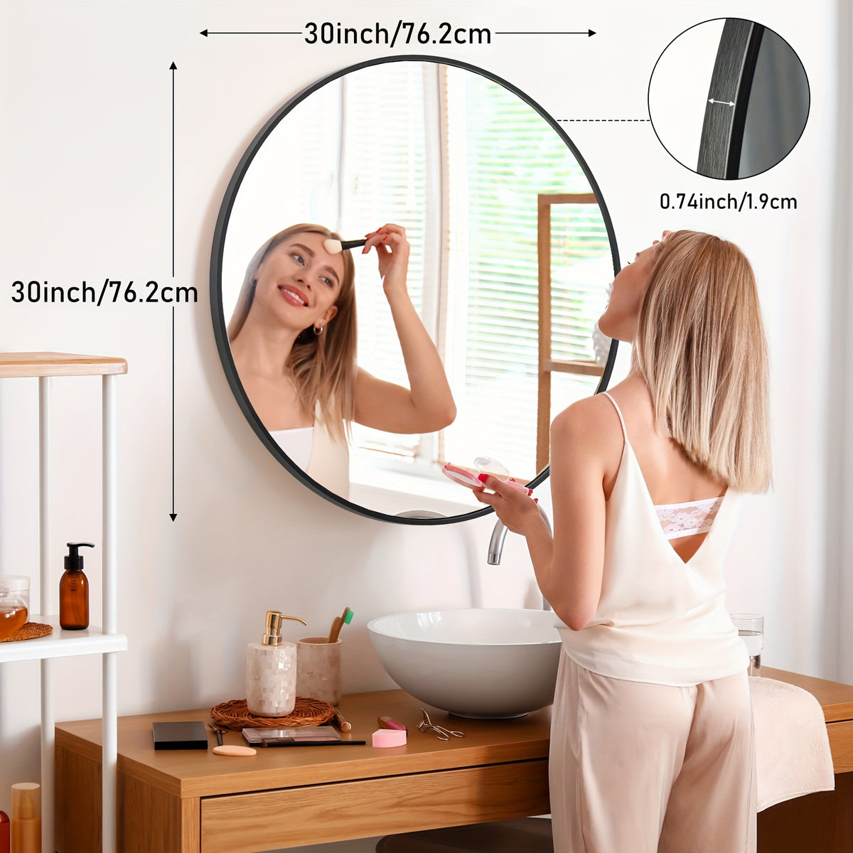 Round Metal Wall Mirror Matte Black & Gold Frame Modern Decorative Circle Mirror for Entryway Bathroom Living Room Bedroom Vanity Wall Decor Multiple Sizes