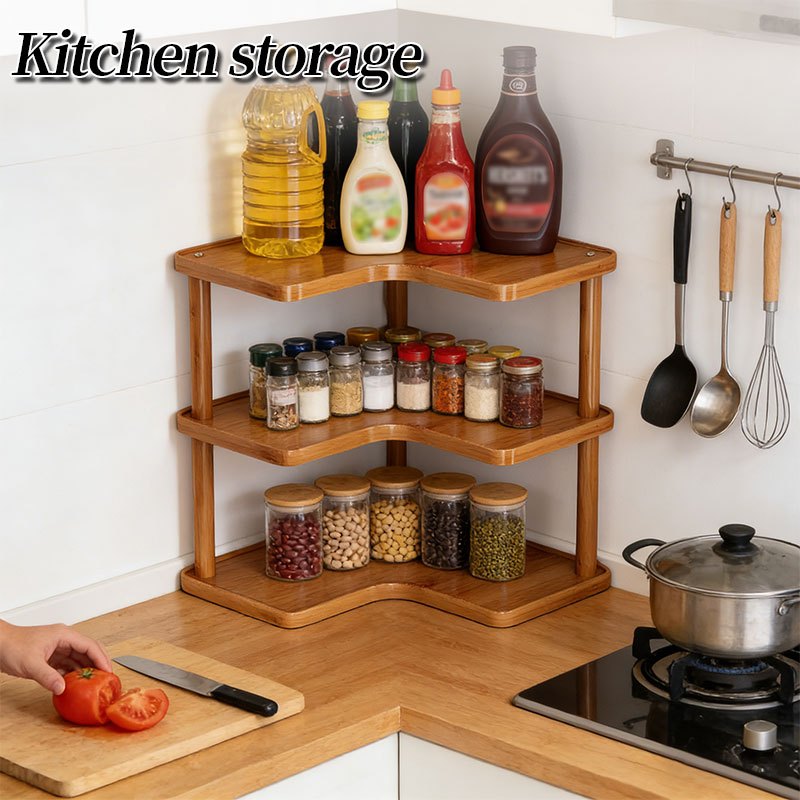Corner Shelf Countertop Organizer, Triangular Multi-Tier Kitchen Storage Rack for Coffee Accessories, Cups, Spices & Kitchen Essentials, Space-Saving Corner Stand for Counter, Bathroom & Office