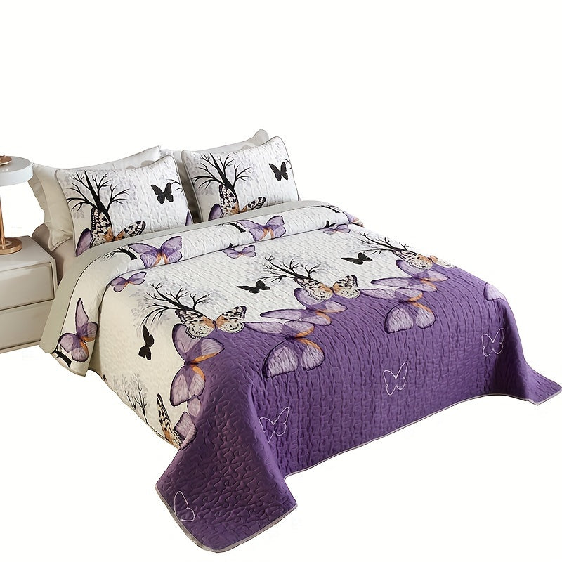 Butterfly Floral Quilted Bedspread Set 3 Piece – Embellished Polyester Coverlet with Floral Butterfly Pattern, Machine Washable All-Season Bedding, Polyester Fill, Queen & King Size, Purple
