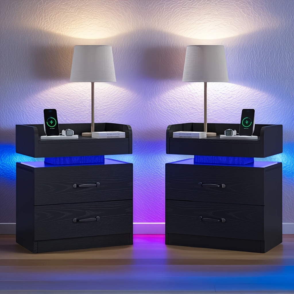 Nightstand with Charging Station LED Lights and 2 Drawers Bedside Table for Bedroom Living Room White Black Grey 1pc or 2pcs Set