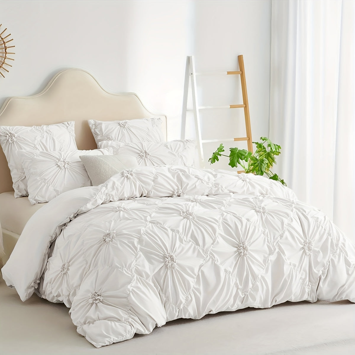 Boho Duvet Cover Set Queen King Twin Full - 3D Stereoscopic Floral Rhomboid Plaid Texture, Soft Breathable 3-Piece Bedding with Pillowcases, All-Season Bedroom Decor, White Camel Milk Coffee