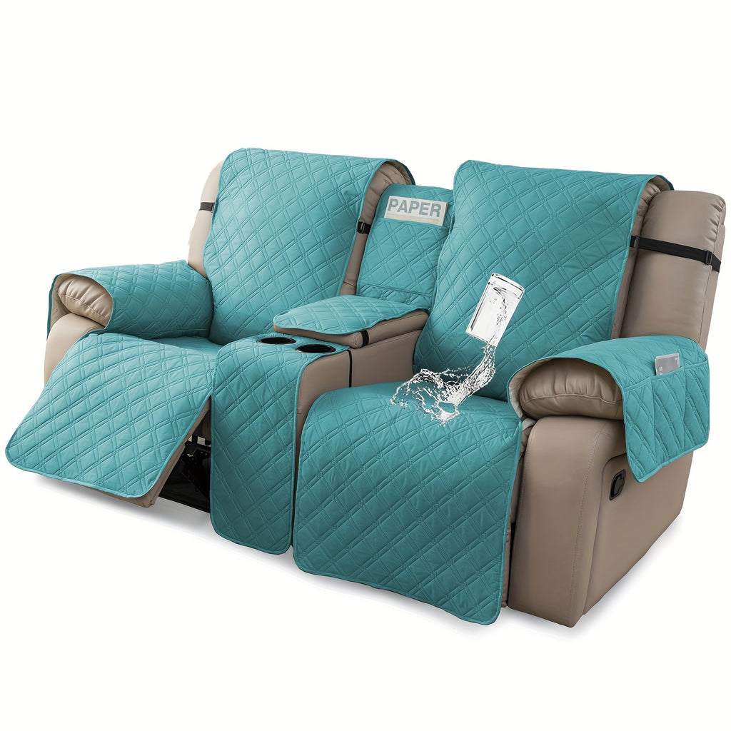 Recliner Loveseat Cover with Console 4-Piece Chenille Quilted Waterproof Slipcover | Non-Slip Pet Scratch Resistant Sofa Protector with Cup Holder Pocket, 9 Colors