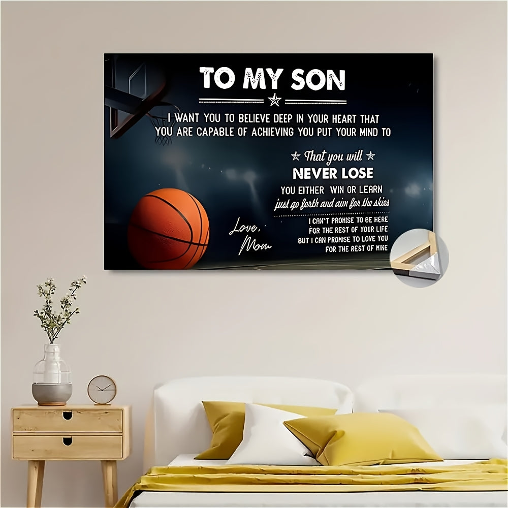 Framed Basketball Poster "To My Son" Motivational Wall Art for Teen Boys & Sports Fans – Wrap-Around Frame Bedroom Living Room Decor, Encouraging Gift for Athletes, Halloween Christmas Birthday