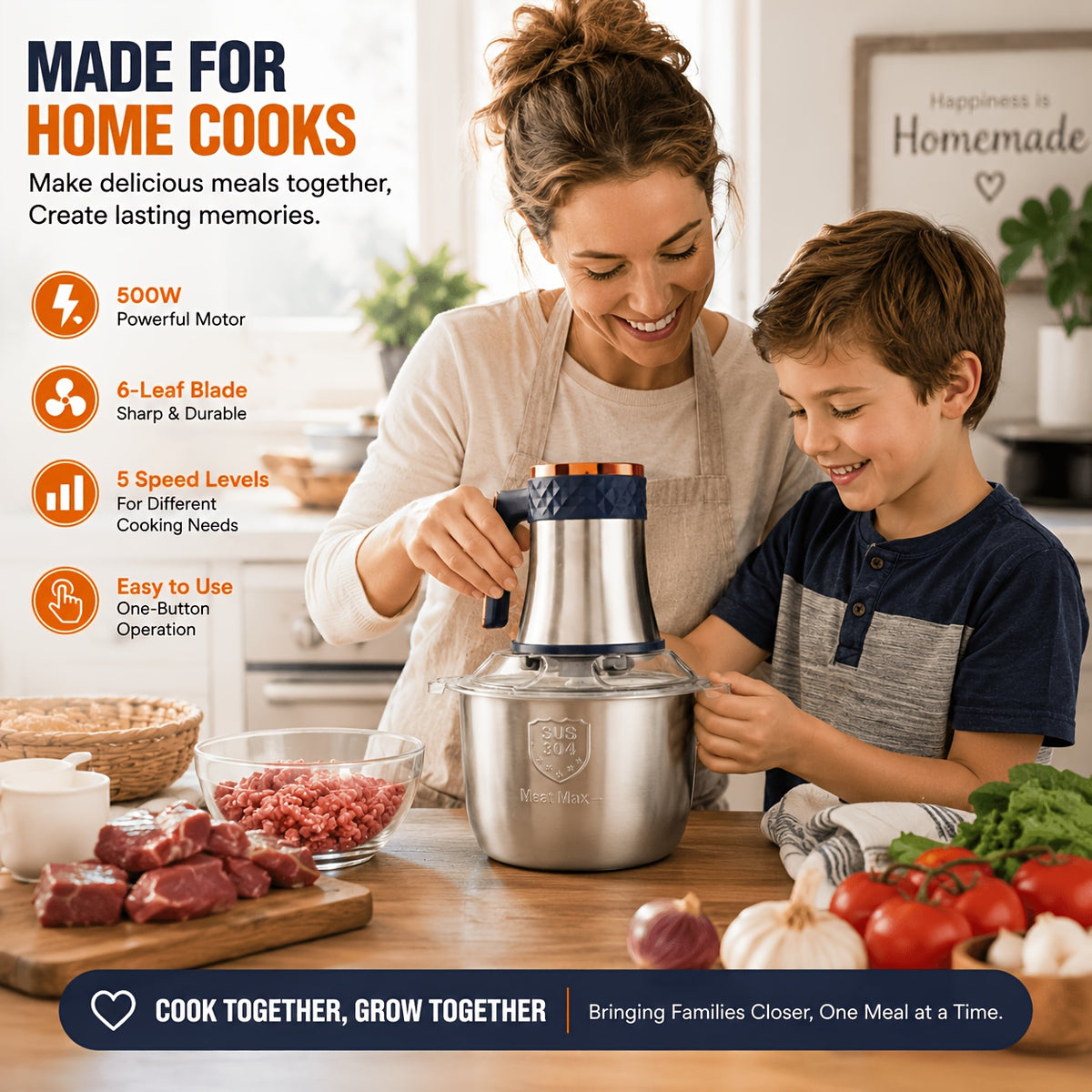 Food Processor 5L 500W Electric Meat Grinder & Vegetable Chopper - 6 Blades, 5 Speed Settings, Stainless Steel Bowl, 3 Attachments for Mincing Meat, Garlic, Baby Food Prep - Home Kitchen MG-1001