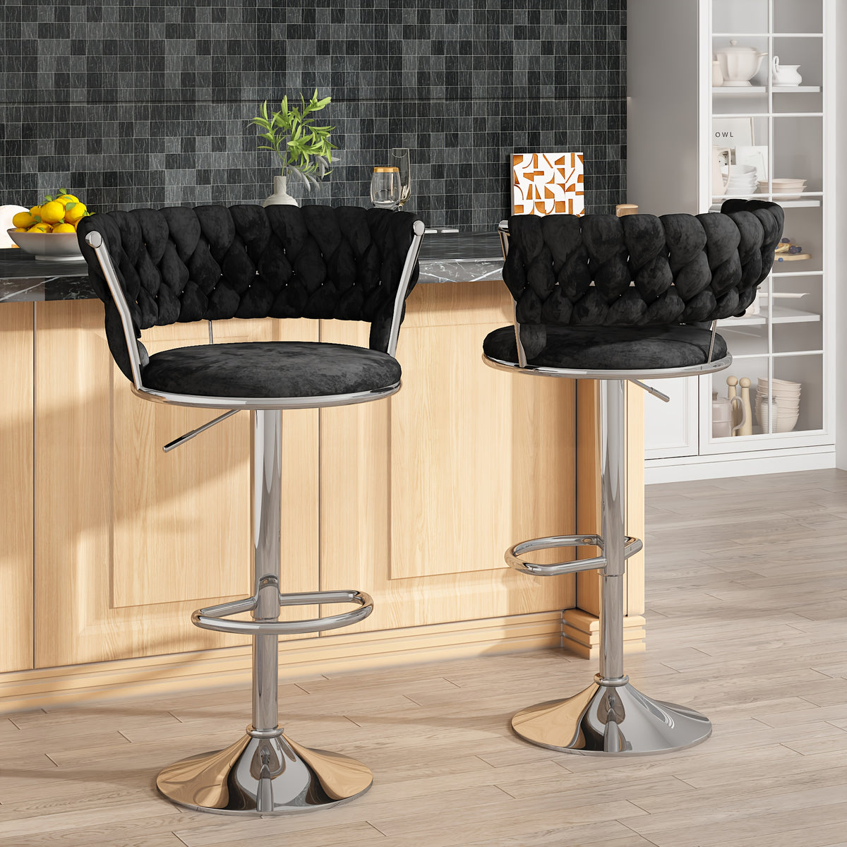 Bar Stools Set of 2 or 4 Adjustable Height Metal Leg Upholstered Counter Chairs for Kitchen Island Bar Living Room Dining Room – Glam Style