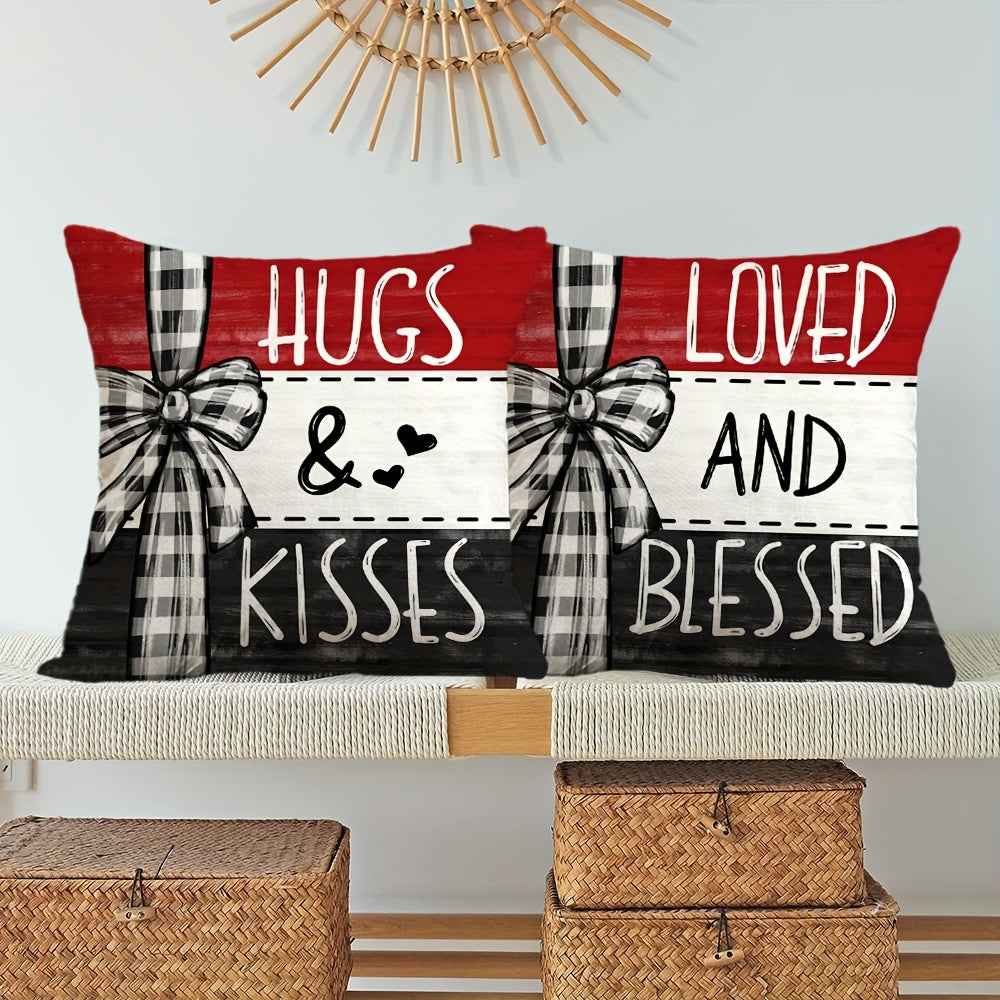 Set of 4 Valentine's Day Throw Pillow Covers – Red & Black Striped Bow | 18x18 inch