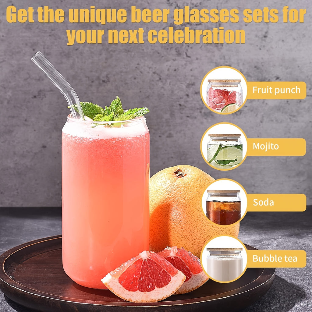 Borosilicate Glass Tumbler Set of 6 with Bamboo Lids, Glass Straws & Cleaning Brushes - 18.7oz Elegant Drinking Glasses for Soda Boba Tea Cocktails Beer Iced Coffee