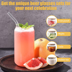 Borosilicate Glass Tumbler Set of 6 with Bamboo Lids, Glass Straws & Cleaning Brushes - 18.7oz Elegant Drinking Glasses for Soda Boba Tea Cocktails Beer Iced Coffee