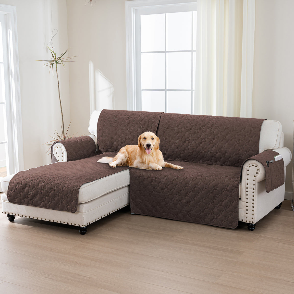 L-Shaped Sectional Sofa Cover 100% Liquid-Resistant Couch Slipcover with Non-Slip Straps for Dogs Cats Pets Left Right Chaise
