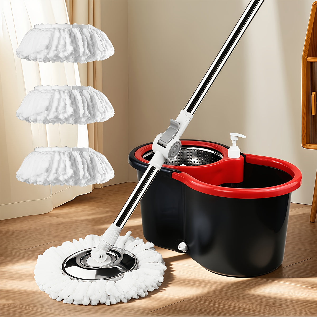 Spin Mop and Bucket Set with Wringer, 360° Dual-Drive Wringing System, 3 Microfiber Mop Heads for Hardwood Tile Marble Laminate Floor Cleaning