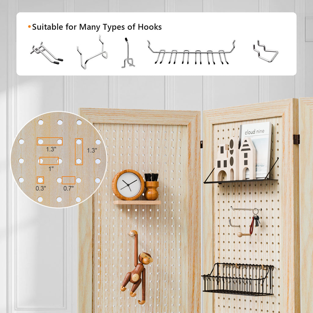 5 FT Freestanding Pegboard Room Divider | Wood Folding Privacy Screen & Display Board Organizer with Support Feet – White, Black, Natural, Grey | Craft Shows, Retail & Home