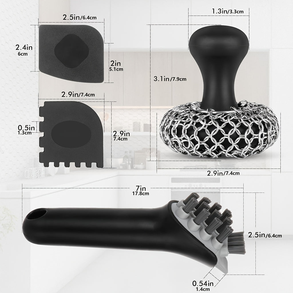 Cast Iron Cleaning Kit with 316 Stainless Steel Chainmail Scrubber – Cleaning Brush, Pan & Grill Scrapers for Skillet, Wok, Grill & Pre-Seasoned Cookware, Ergonomic Cast Iron Care Set