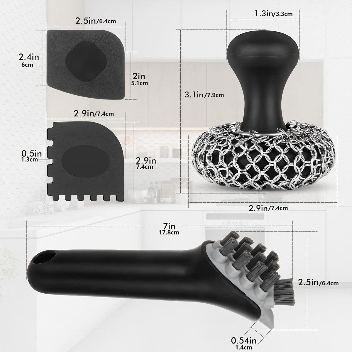 Cast Iron Cleaning Kit with 316 Stainless Steel Chainmail Scrubber – Cleaning Brush, Pan & Grill Scrapers for Skillet, Wok, Grill & Pre-Seasoned Cookware, Ergonomic Cast Iron Care Set
