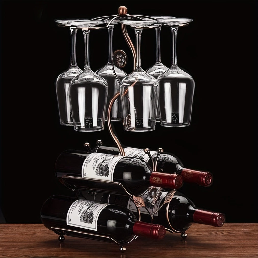 Countertop Wine Rack with Wine Glass Holder Holds 4 Bottles and 6 Glasses Iron Retro Bar Organizer for Kitchen Home Bar Pantry Dining Room