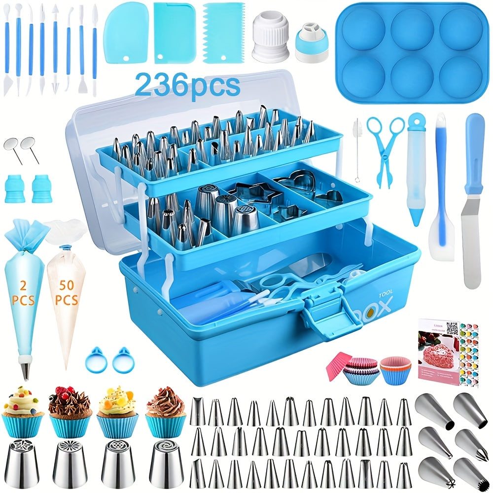 Cake Decorating Kit 236 & 386 Piece Piping Tips Set Stainless Steel Frosting Nozzles with Russian Tips Pastry Bags - Complete Baking Decorating Tools for Beginners