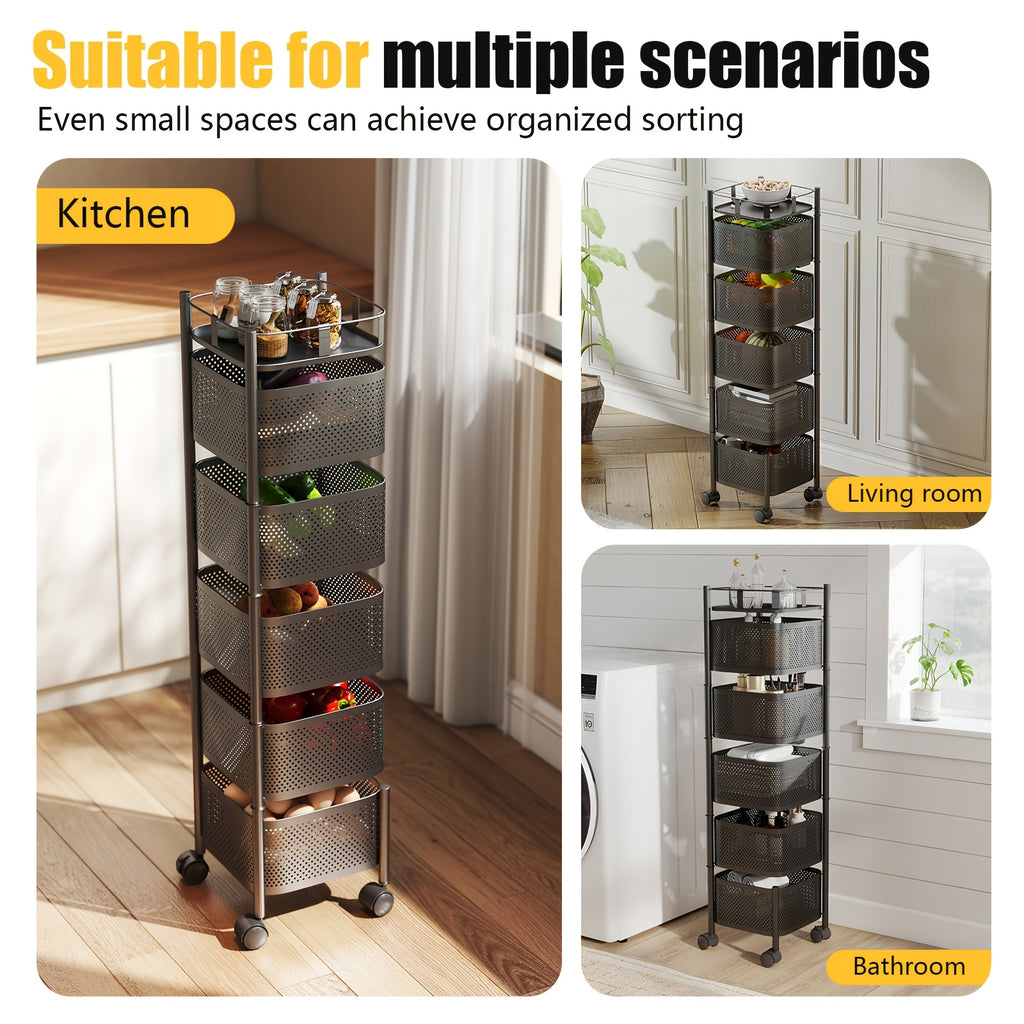Rolling Kitchen Cart 5 Tier 360° Rotating Storage Organizer, Extra Large Standing Shelf with Locking Wheels & Removable Baskets for Pantry, Living Room & Office, Square Black