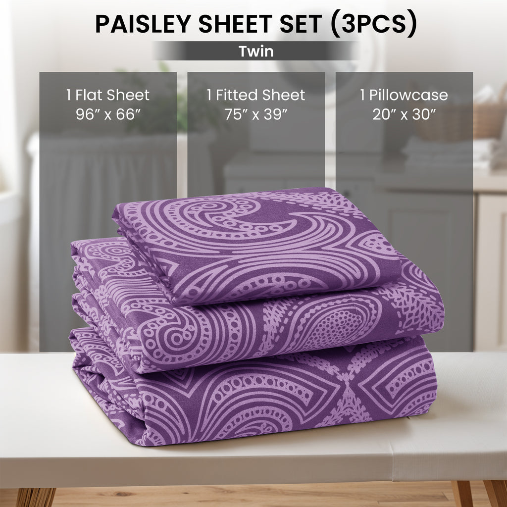 Paisley Bed Sheet Sets Queen King Twin Full Cal King – Soft Brushed Microfiber Deep Pocket Fitted Sheet & Pillowcases, Wrinkle Free