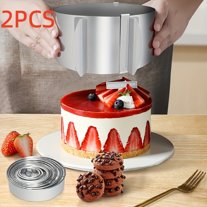 Adjustable Stainless Steel Cake Ring Mold, Set of 2 – 6.3–11.8" Expandable Mousse Ring, Heavy-Duty 400 Series, Non-Stick, for Baking Cakes, Tarts & Desserts