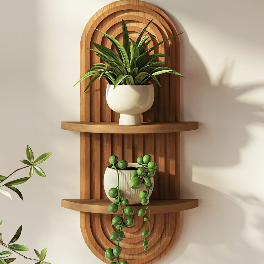Boho Farmhouse Wood Floating Wall Shelves – 2-Layer Arc Design Wall-Mounted Storage Rack for Books, Plants & Decor in Bedroom, Bathroom, Kitchen & Living Room