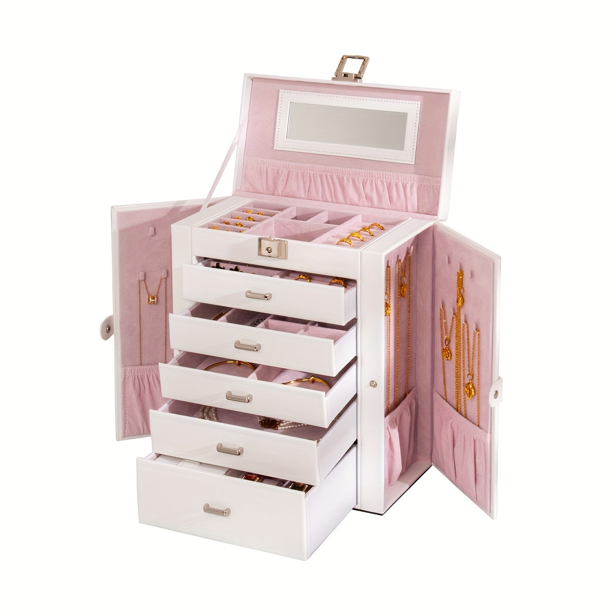 Jewelry Box with Lock & Mirror, Large 6-Tier Jewelry Case with 5 Drawers, Lockable Jewelry Storage Organizer for Women, Girls & Loved Ones — Jewelry Armoire Gift