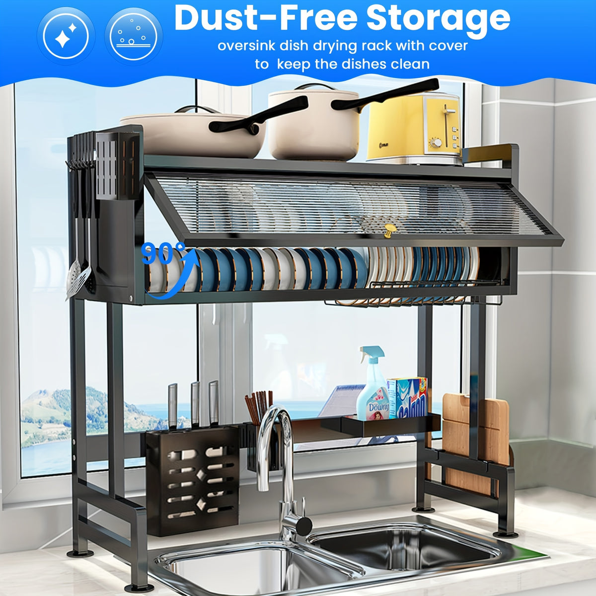 Over The Sink Dish Drying Rack with Dustproof Cover, 3-Tier Large Capacity Organizer for Dishes, Glasses, Bowls & Cutlery – Space-Saving Black Kitchen Storage Rack