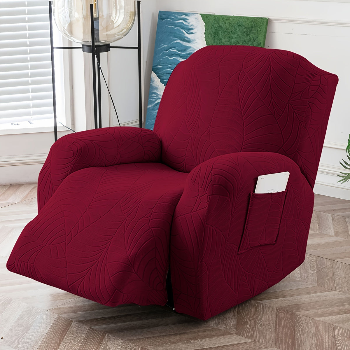 Jacquard Stretch Recliner Sofa Cover – Big Leaves Pattern, 1/2/3 Seater & Loveseat with Console, Winter Insulation Soft Washable, 6 Colors
