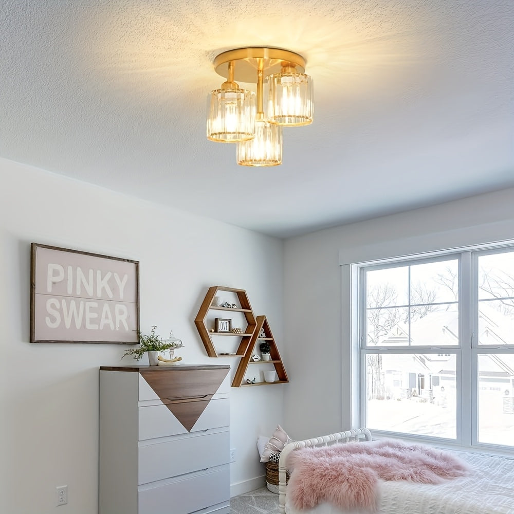 Crystal Semi Flush Mount Ceiling Light 3-Light Modern Chandelier with Transparent Glass Shades for Kitchen Hallway Bedroom Living Room – Black or Gold