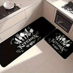 Black Kitchen Mat Set 2 Piece Cookware Pattern Anti-Slip Rubber Backing – Machine Washable Absorbent Soft Polyester Floor Rugs for Kitchen, Bathroom & Entryway
