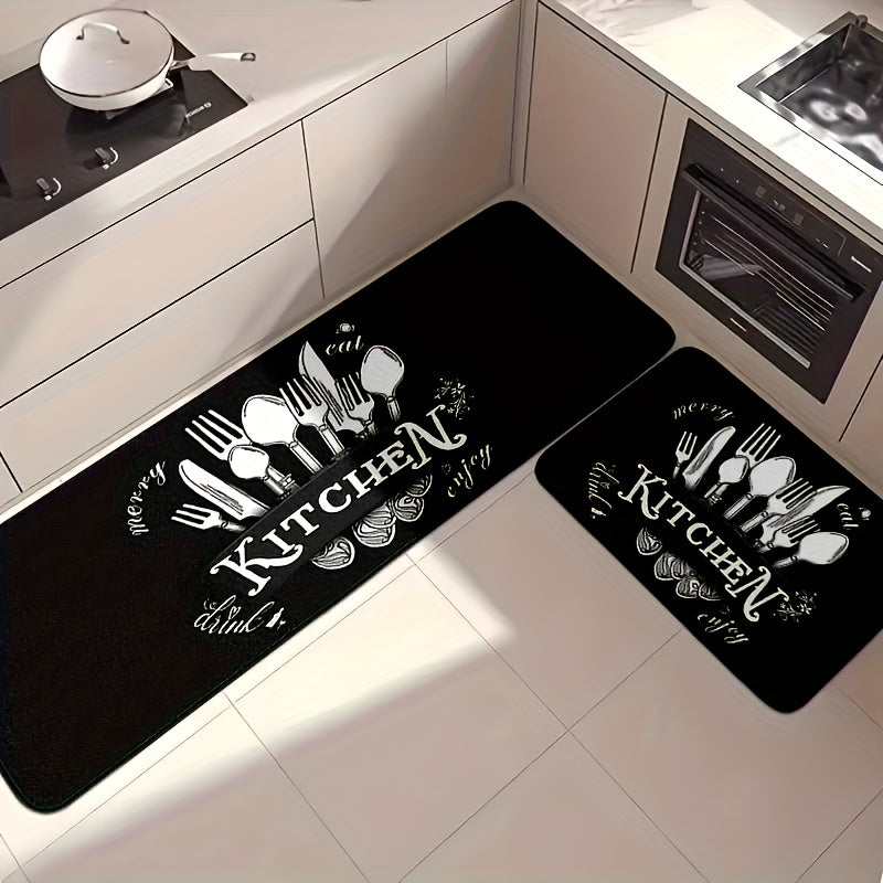 Black Kitchen Mat Set 2 Piece Cookware Pattern Anti-Slip Rubber Backing – Machine Washable Absorbent Soft Polyester Floor Rugs for Kitchen, Bathroom & Entryway
