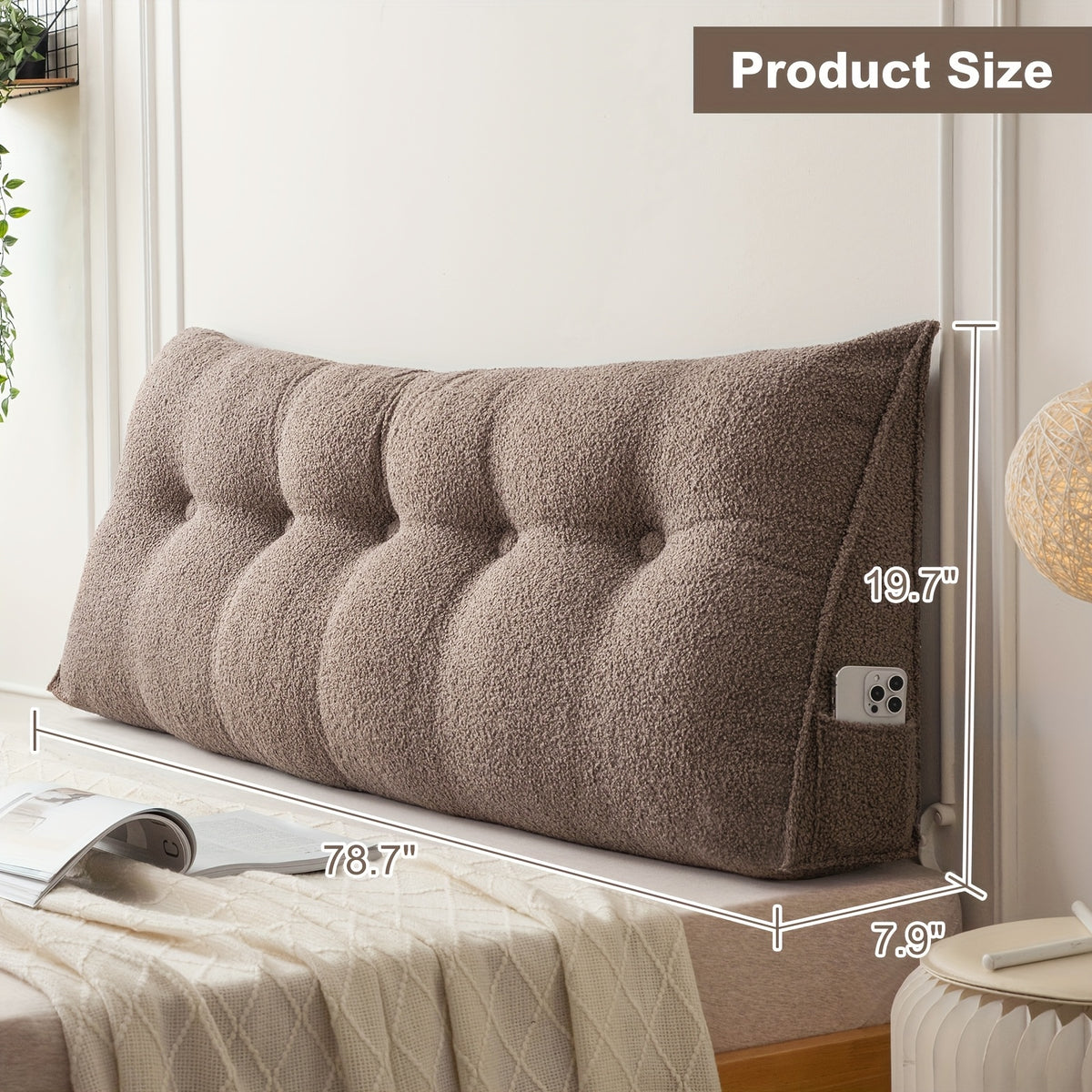 Wedge Headboard Pillow with Side Pocket Triangular Bed Reading Backrest Bolster, Teddy Velvet Removable Washable Cover Bed Gap Filler for Twin Queen King, 7 Colors