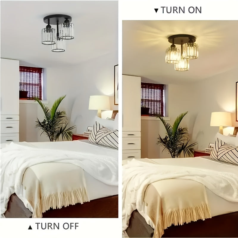 Crystal Semi Flush Mount Ceiling Light 3-Light Modern Chandelier with Transparent Glass Shades for Kitchen Hallway Bedroom Living Room – Black or Gold