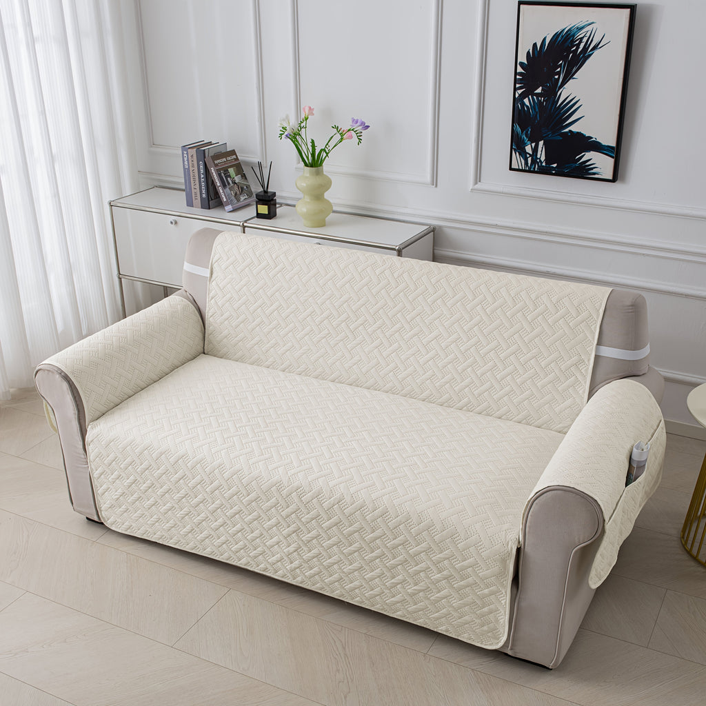 Sofa Cushion Cover with Storage Pocket – Pet-Proof Non-Slip Multi-Function Sofa Protector, All-Season Machine Washable, 1/2/3-Seater, Navy Coffee Off-White Dark Gray