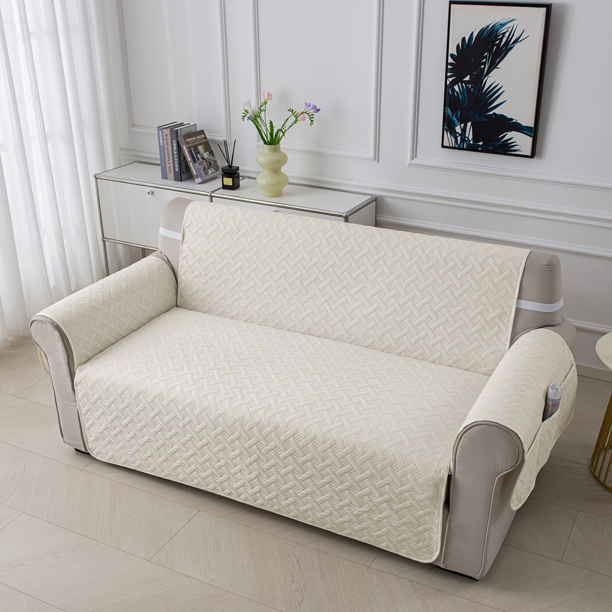 Sofa Cushion Cover with Storage Pocket – Pet-Proof Non-Slip Multi-Function Sofa Protector, All-Season Machine Washable, 1/2/3-Seater, Navy Coffee Off-White Dark Gray
