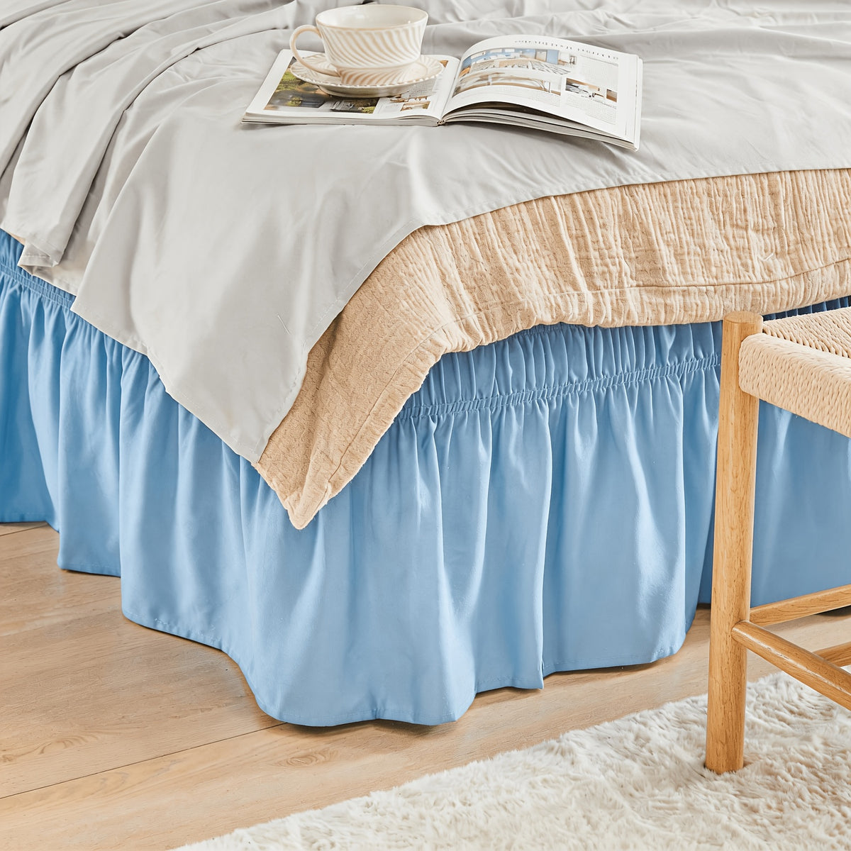 Elastic Wrap Around Bed Skirt No-Lift, 15 Inch Drop Microfiber Dust Ruffle, 30 Fade-Resistant Colors, Machine Washable, Twin Full Queen King Size