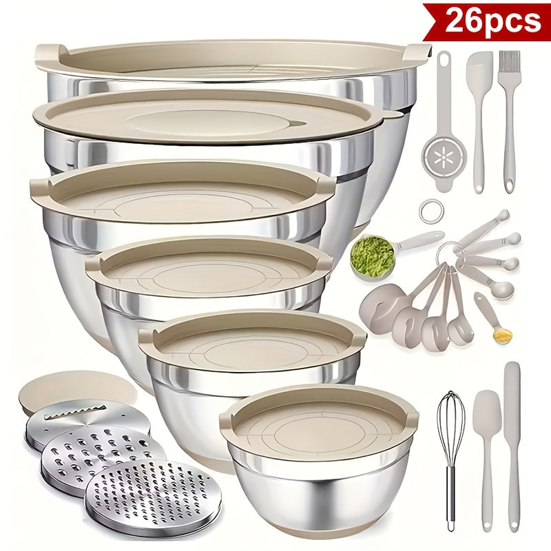 26-Piece Stainless Steel Mixing Bowl Set with Airtight Lids & 3 Grater Attachments - Non-Slip Bottoms | 6 Sizes: 1–7 QT