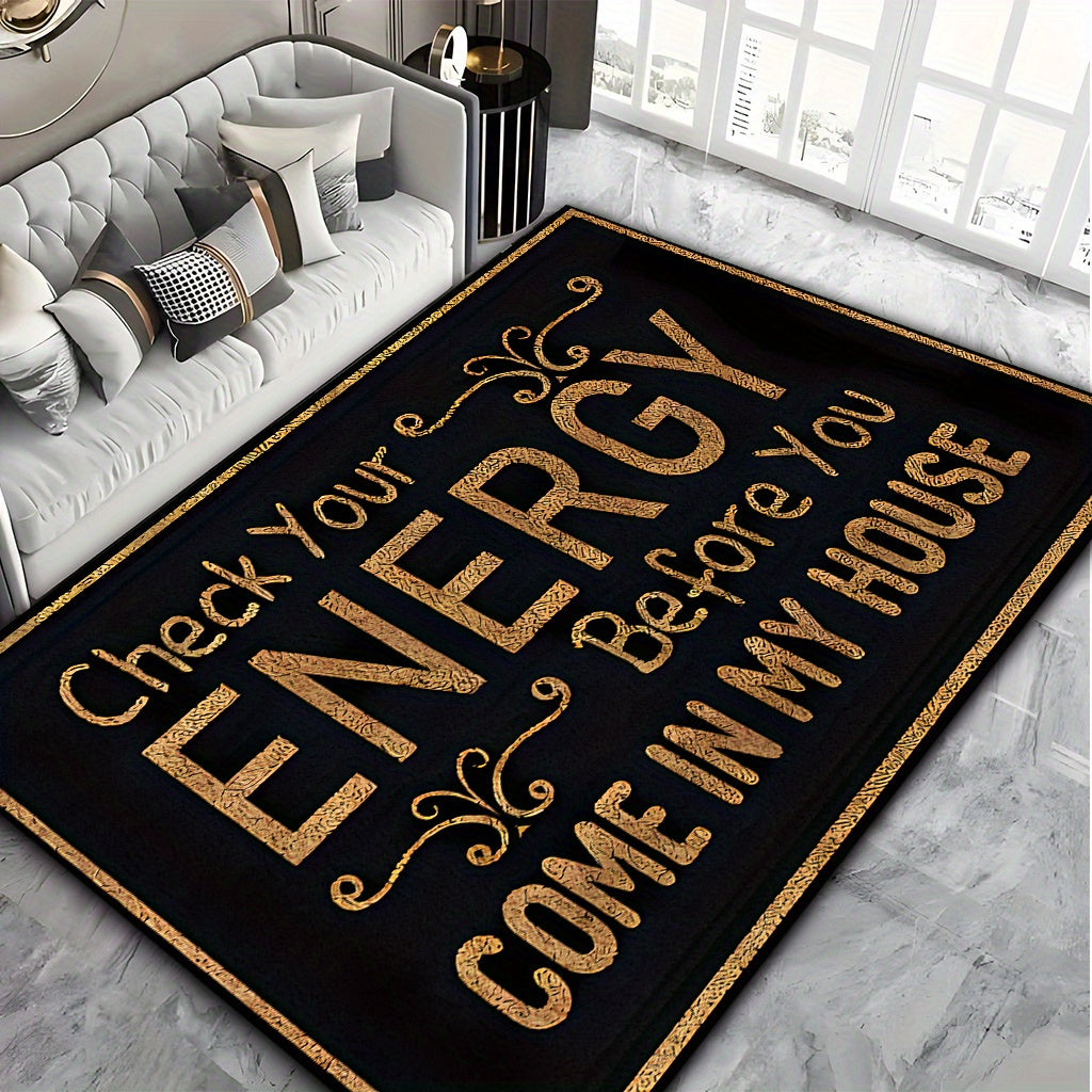 Anti-Slip Doormat Check Energy Before Entry Black Gold Lettering 7mm Thick Indoor Mat for Living Room Kitchen Bathroom Entryway 17x47in