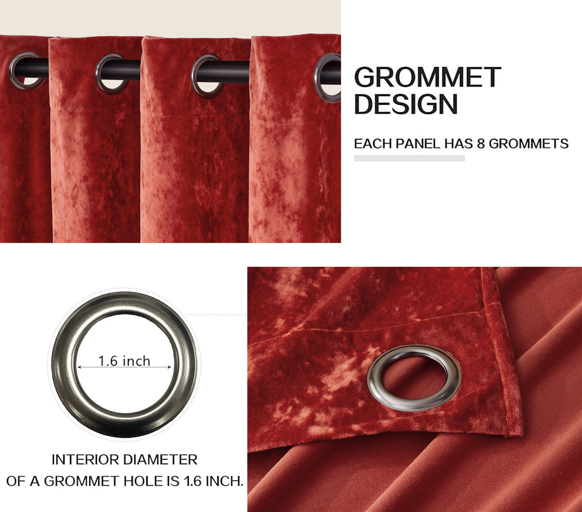 Luxury Distressed Crushed Velvet Curtains - 4-Piece Set (2 Panels + 2 Tiebacks), Grommet Top, Room Darkening | 10 Colors, 3 Sizes