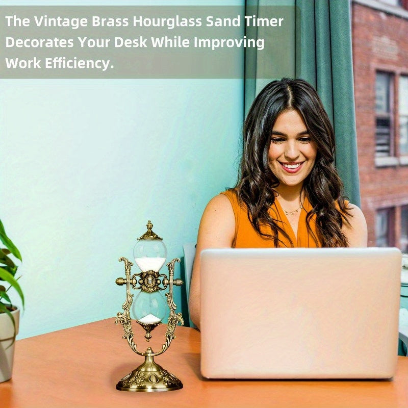 Vintage Brass Hourglass Sand Timer 15 Minute 360 Degree Rotating Engraved Metal Sand Clock for Home Office Desk Decoration Unique Gift