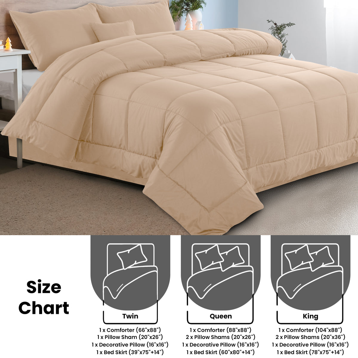 5-Piece Comforter Set – Reversible Quilted Down Alternative Bedding Set with Pillow Shams, Bed Skirt & Cushion | All Season | Twin, Queen, King