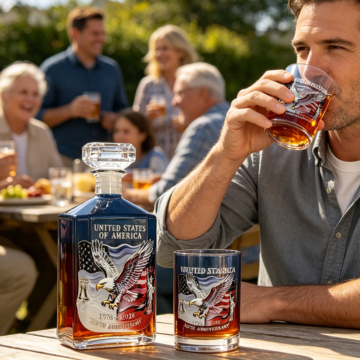 US 250th Anniversary Whiskey Decanter & Glass Bottle Set 2-Piece – Patriotic Commemorative Barware Gift for Father's Day, July 4th & Home Bar Decor