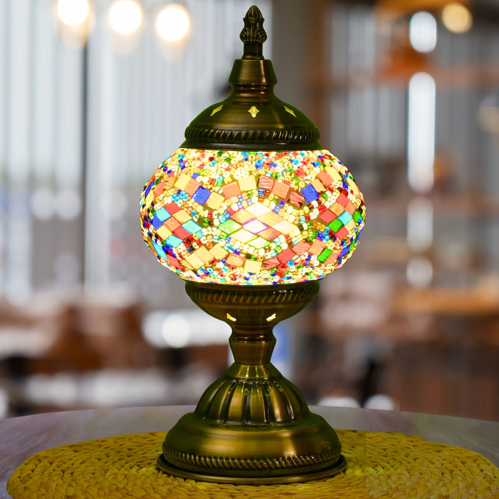 Handmade Turkish Mosaic Table Lamp 3-Color Dimming Glass Bedside Lamp with Metal Base - USB Powered Boho Decorative Light for Bedroom Living Room - Bulb Included, Ready to Use