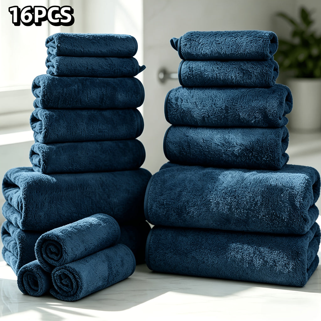16-Piece Ultra-Soft Coral Fleece Bath Towel Set – 4 Bath Towels, 6 Hand Towels & 6 Washcloths | Quick-Dry, Highly Absorbent | Home, Hotel & Spa