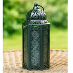 Moroccan Candle Lantern Holder Medium 10.5 Inch – Handcrafted Glass Iron Metal Lantern with Embossed Floral Panels, 17 Colors, Indoor Outdoor Use for Ramadan, Wedding, Patio, Diwali & Home Decor
