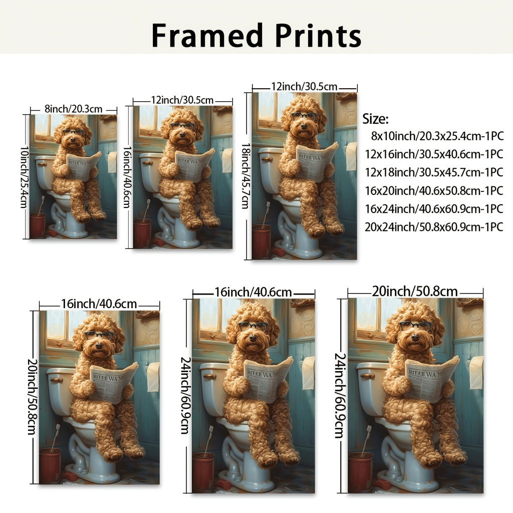 Funny Dog Bathroom Wall Art – Framed Canvas Print Dog on Toilet Reading Newspaper, Humor Bathroom Decor for Dog Lovers, Quirky Animal Poster for Restroom & Powder Room, Ready to Hang