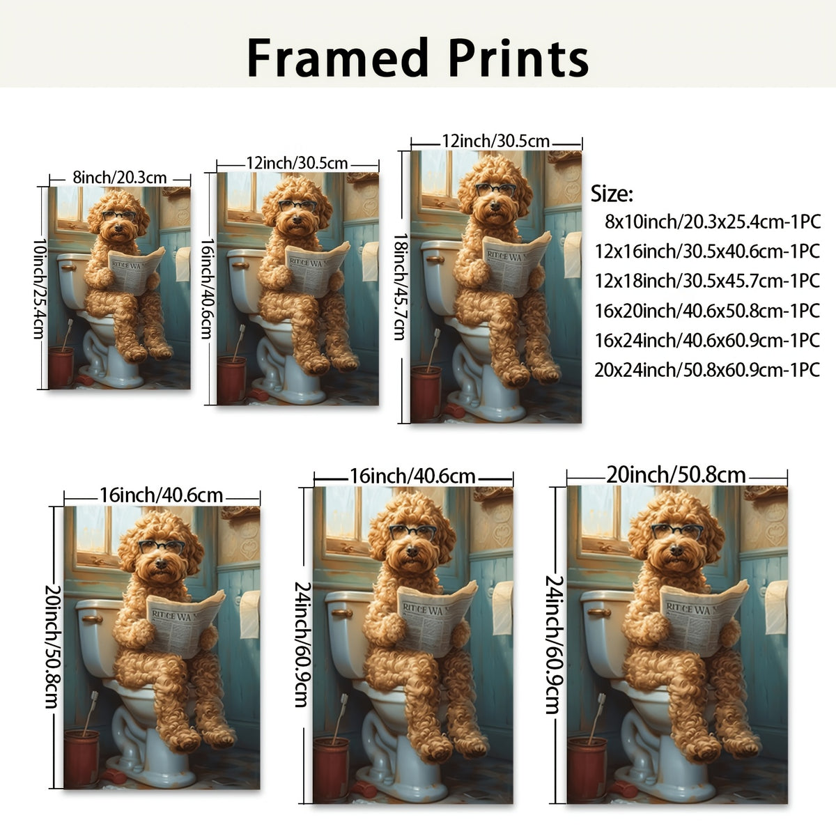 Funny Dog Bathroom Wall Art – Framed Canvas Print Dog on Toilet Reading Newspaper, Humor Bathroom Decor for Dog Lovers, Quirky Animal Poster for Restroom & Powder Room, Ready to Hang